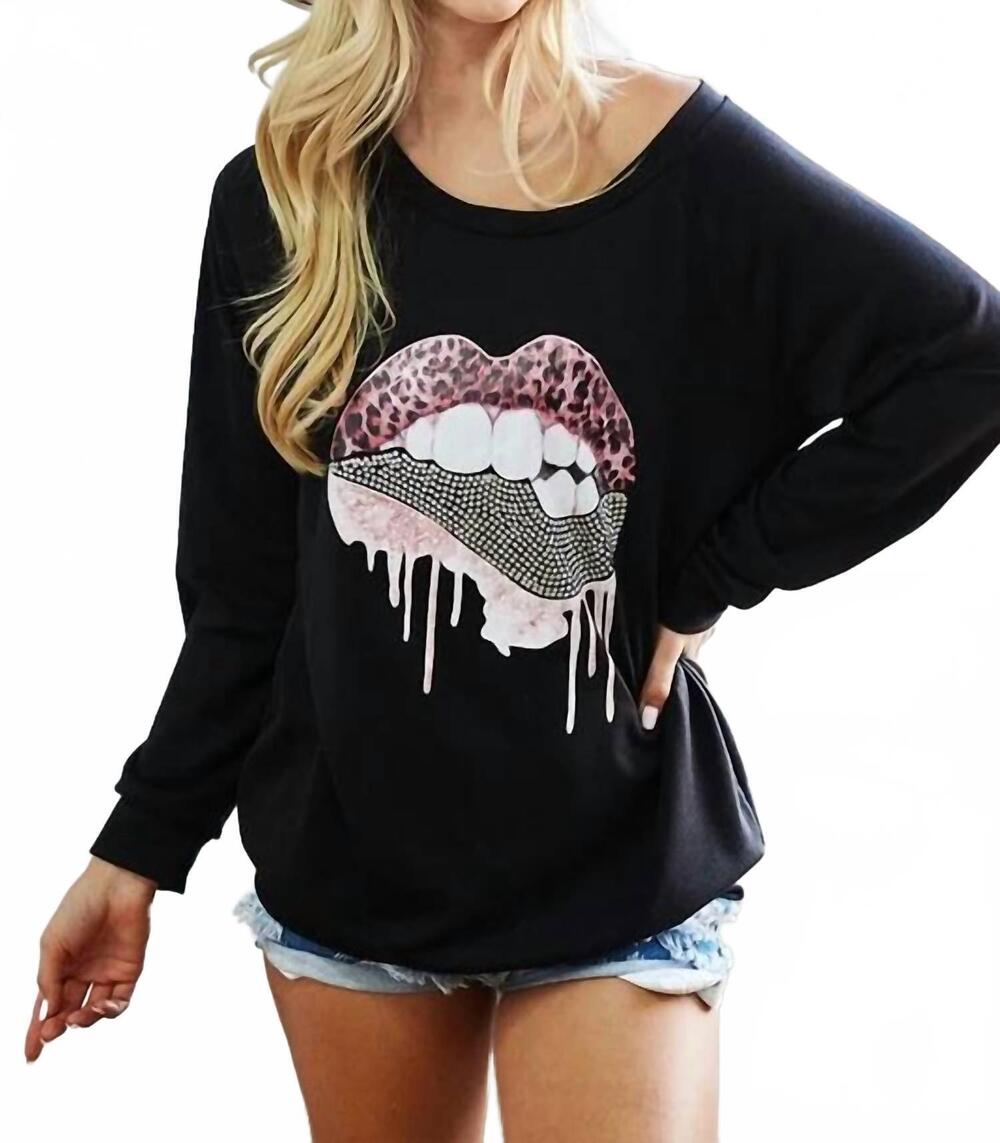 NEW BIBI lip patch french terry knit pullover with rhinestone in black